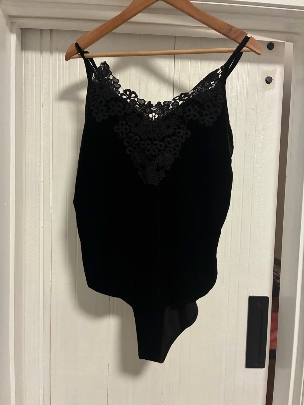 Black Lace Trim Velvet Cami Bodysuit